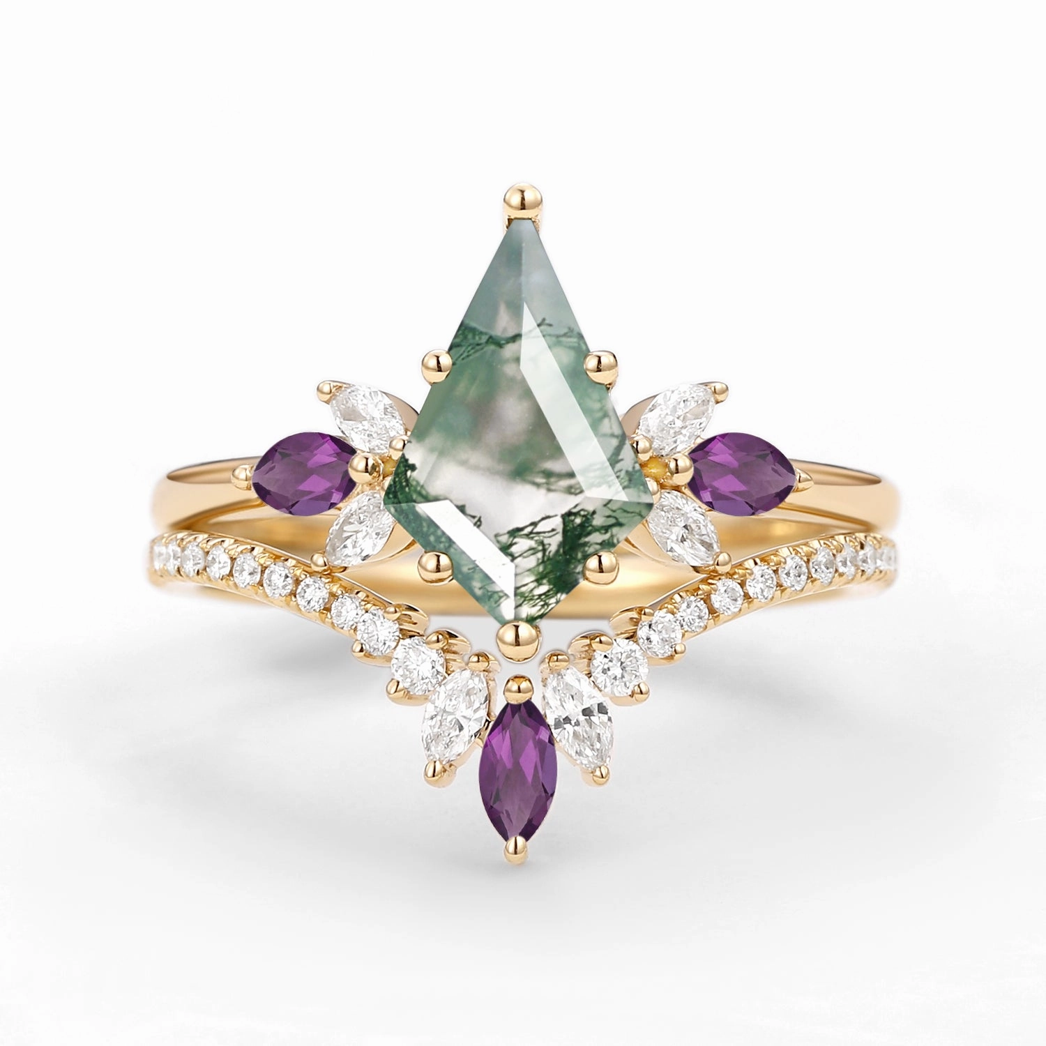 Everyday Spark Butterfly Fairy - Moss Agate & Amethyst Engagement Ring Set 2pcs