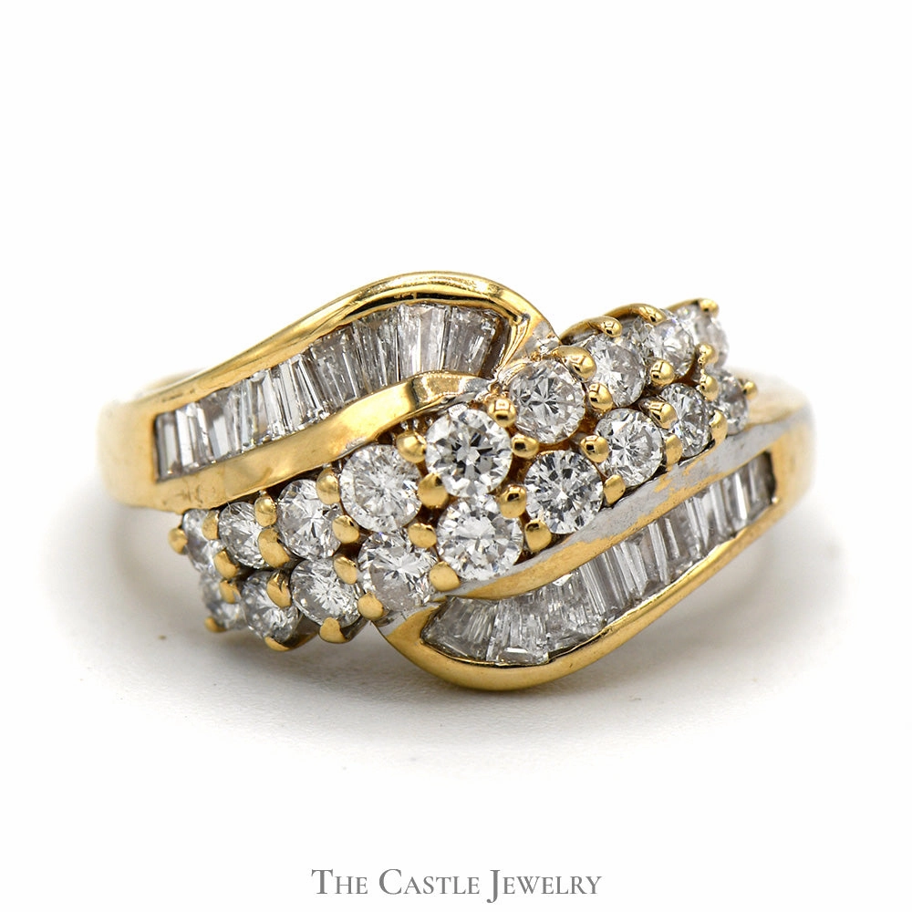 Fantastic Style Event Piece Bypass Designed 1cttw Round and Baguette Diamond Cluster Ring in 14k Yellow Gold
