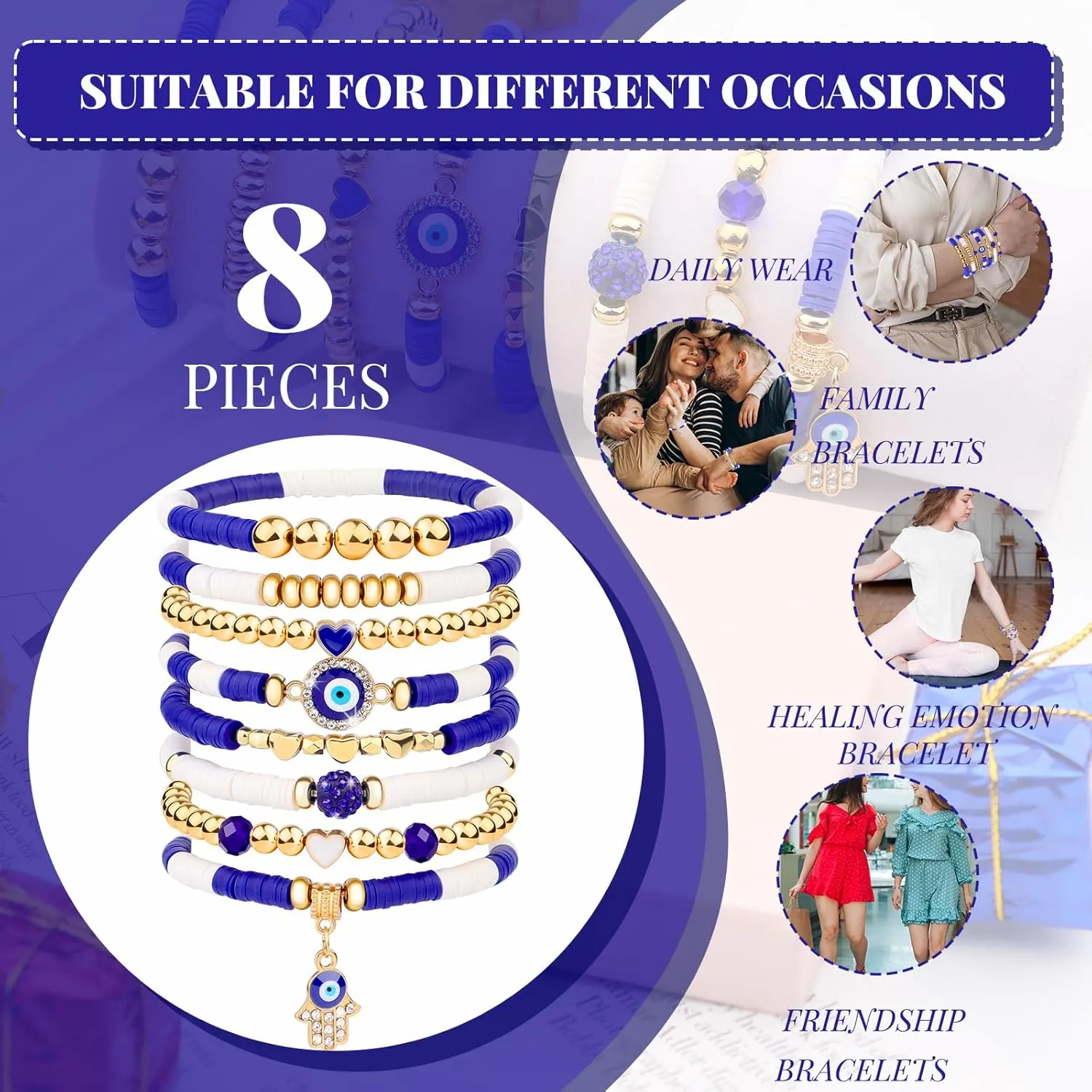 cagulax Evil Eye Bracelets Decor-Evil Eye Bracelets For Women Bulk-Stretch Bracel Friendship Charms Couple Birthday Gifts