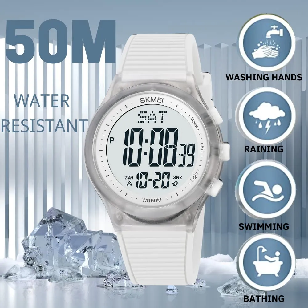 CakCity Digital Watch for Women Waterproof Stopwatch Sports Watches for Mens and Womens Unisex Outdoor Rubber Strap Multifunction Wristwatch with Luminous Display,Black/White