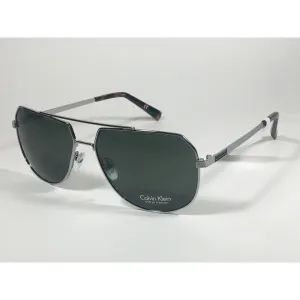 Calvin Klein R161S 033 Aviator Pilot Sunglasses Silver Gray Frame Green Lens