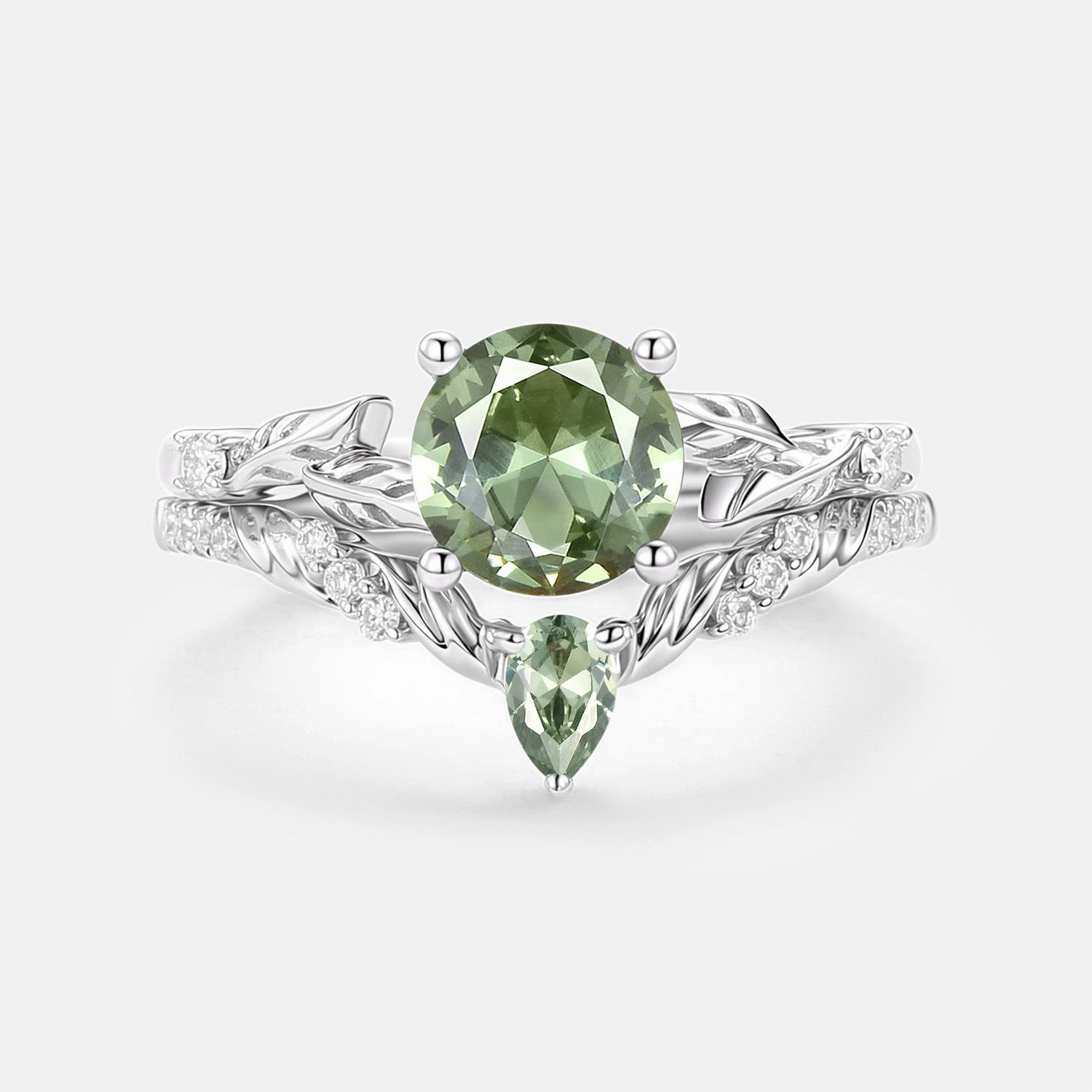 Round Cut Lab Green Sapphire Leafy Engagement Ring Set 2pcs - Canopy Retro Inspired Stylish Style