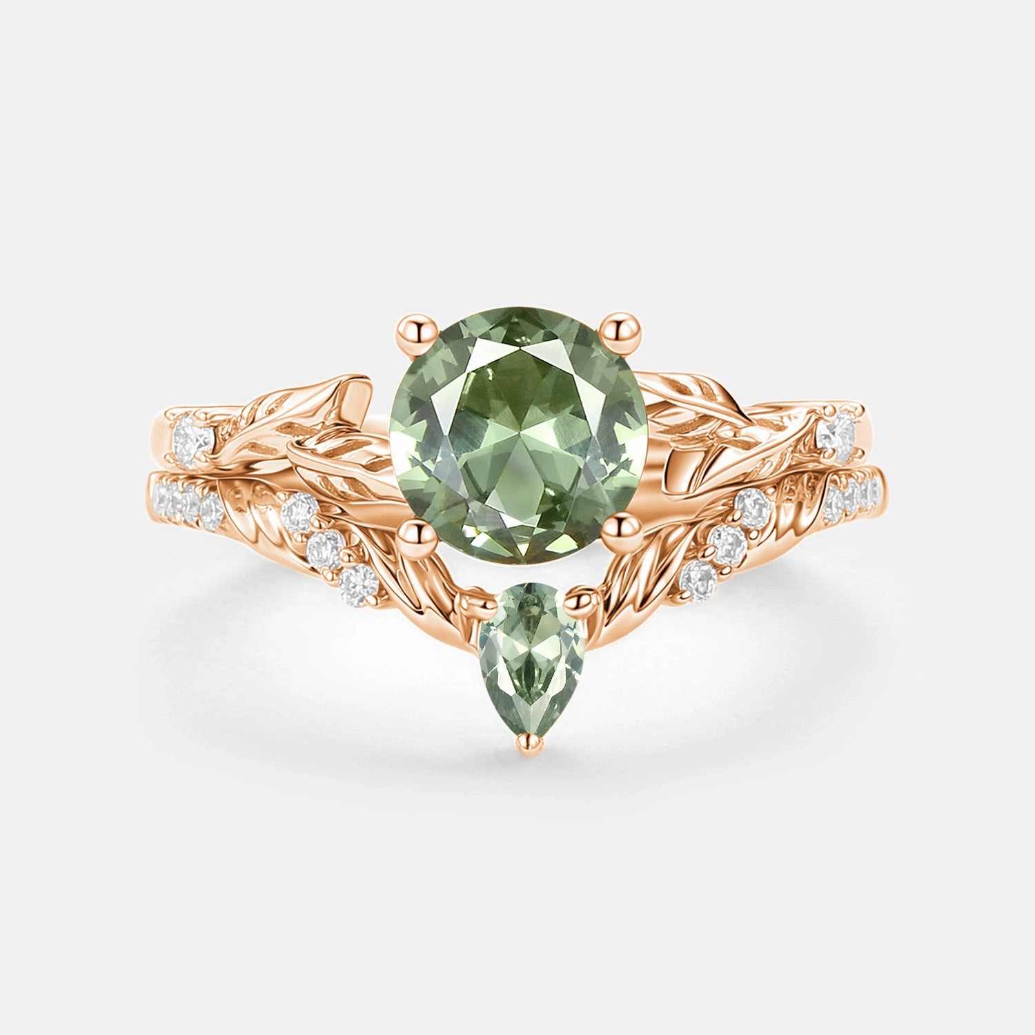 Effortless Layer Subtle Charm Round Cut Lab Green Sapphire Leafy Engagement Ring Set 2pcs - Canopy