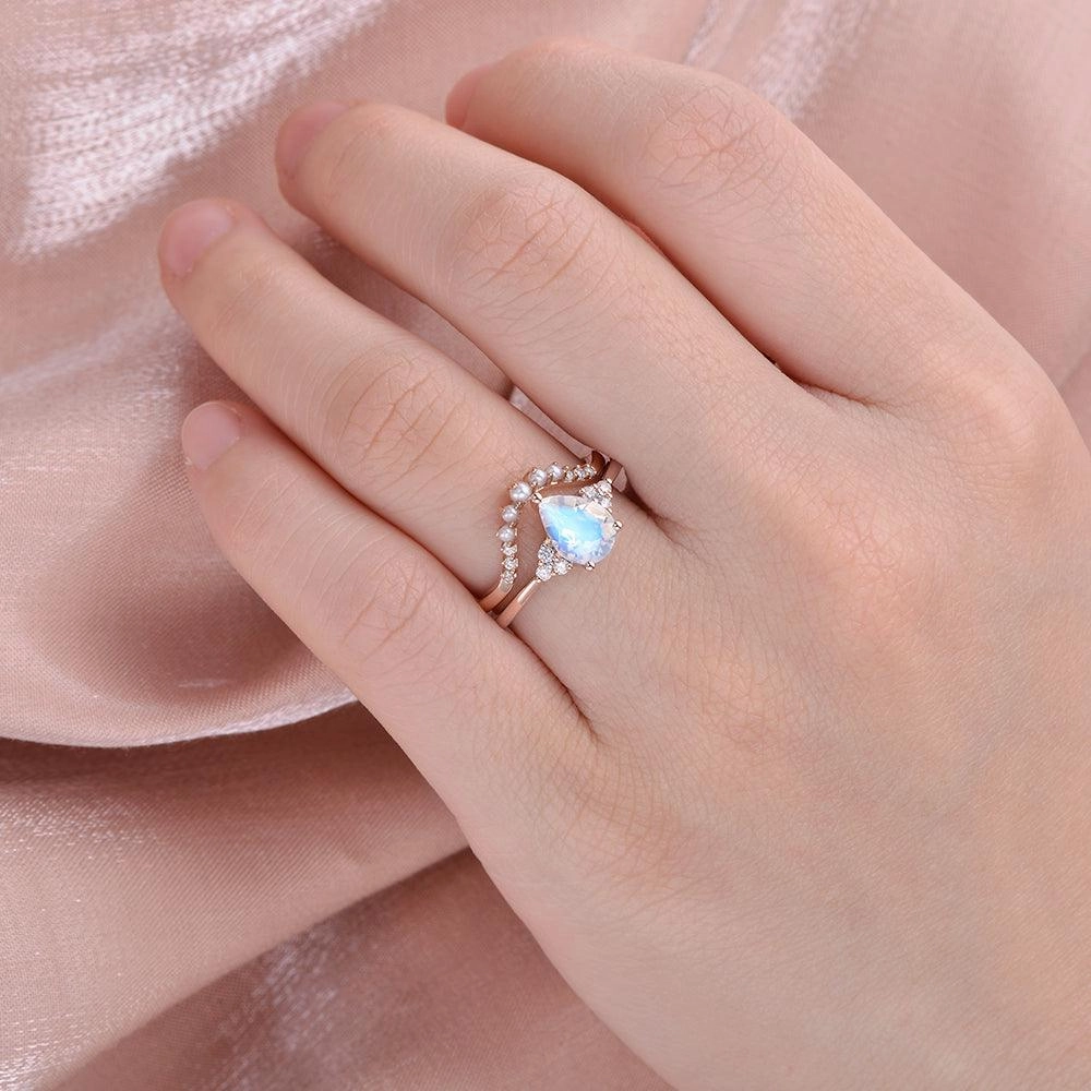 Pear Shaped Moonstone & Pearl Vintage Inspired Ring Set 2pcs Contemporary Shine