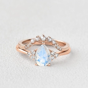 Chic piece Simple Detail Pear Shaped Moonstone & Pearl Vintage Inspired Ring Set 2pcs
