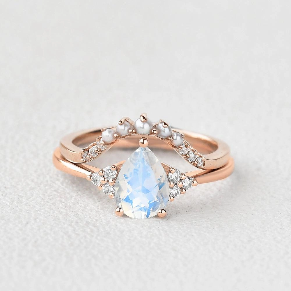 Chic piece Simple Detail Pear Shaped Moonstone & Pearl Vintage Inspired Ring Set 2pcs