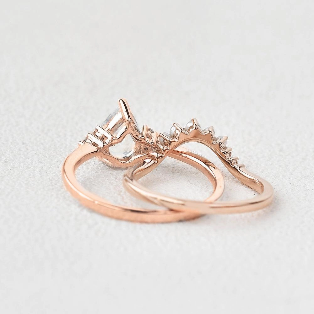 Versatile Charm Graceful Beauty Pear Shaped Moonstone & Pearl Vintage Inspired Ring Set 2pcs