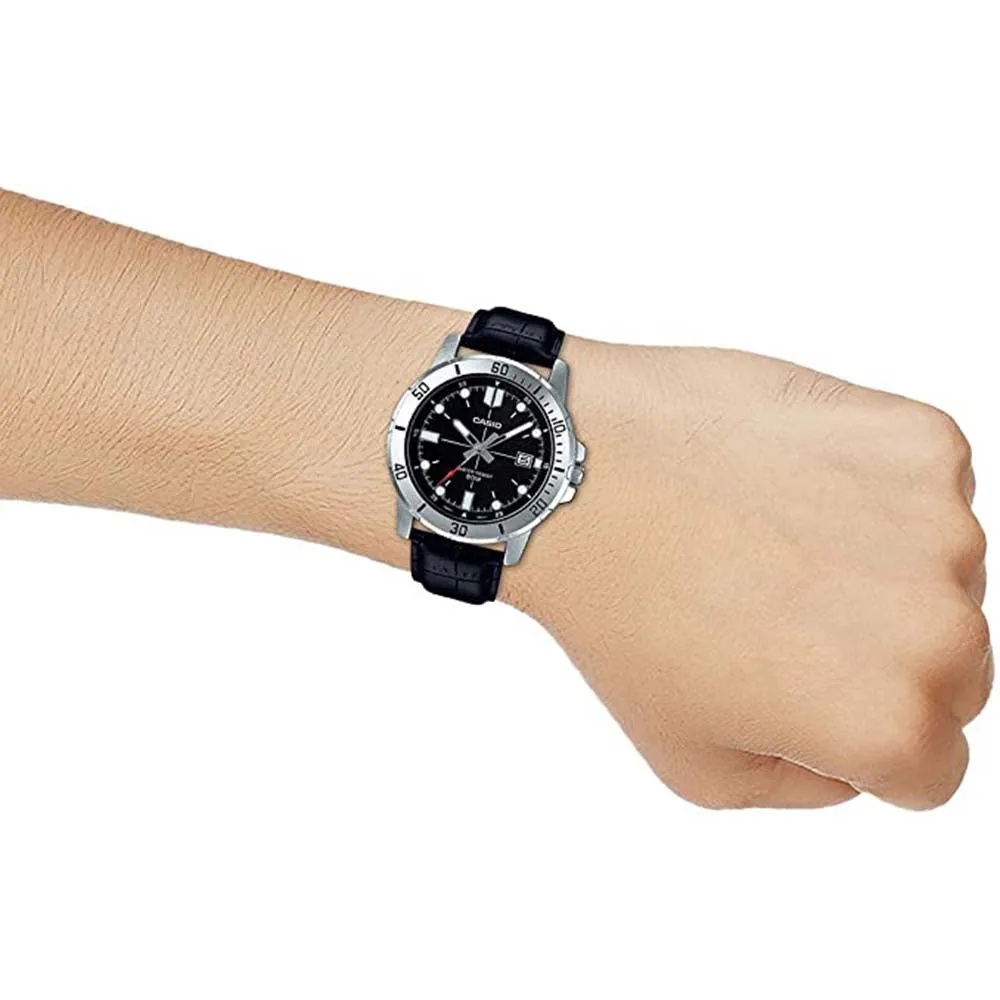 Casio Men's Black Dial Leather Band Japanese Quartz Watch - MTP-VD01L-1EVUDF