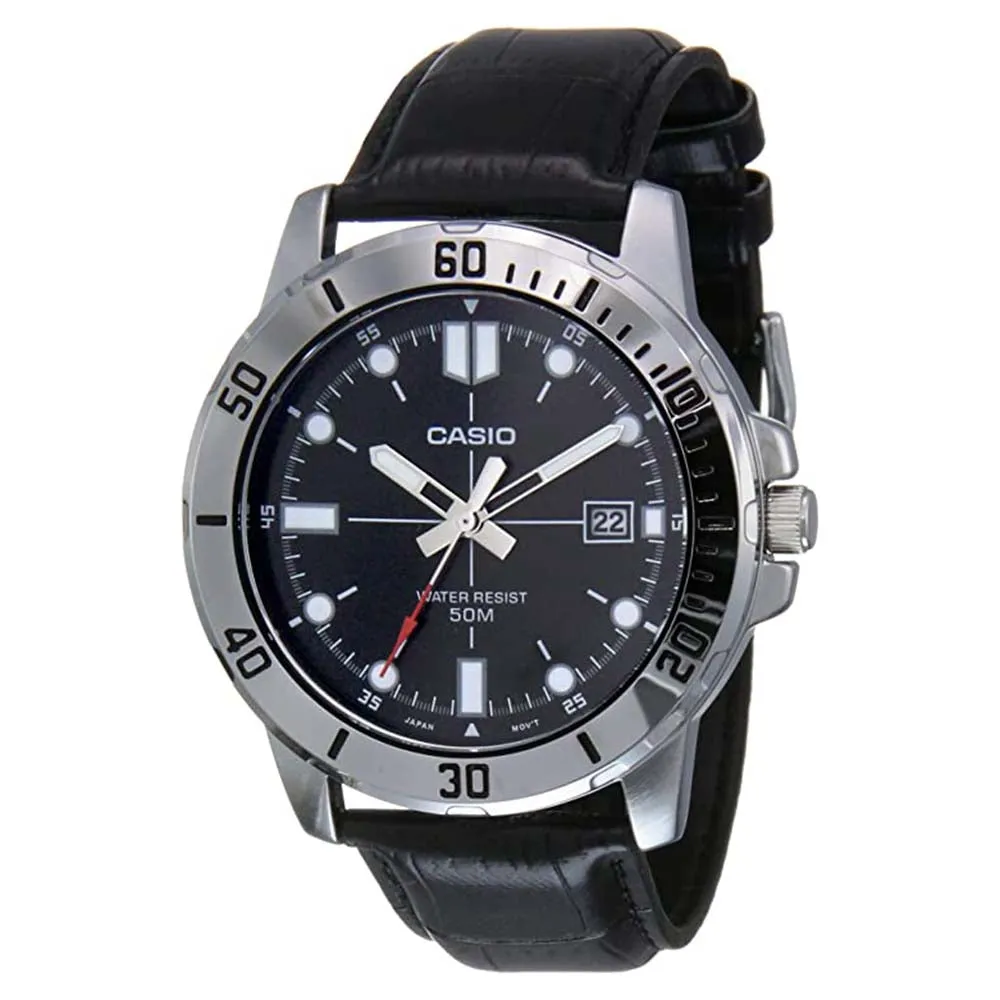 Casio Men's Black Dial Leather Band Japanese Quartz Watch - MTP-VD01L-1EVUDF