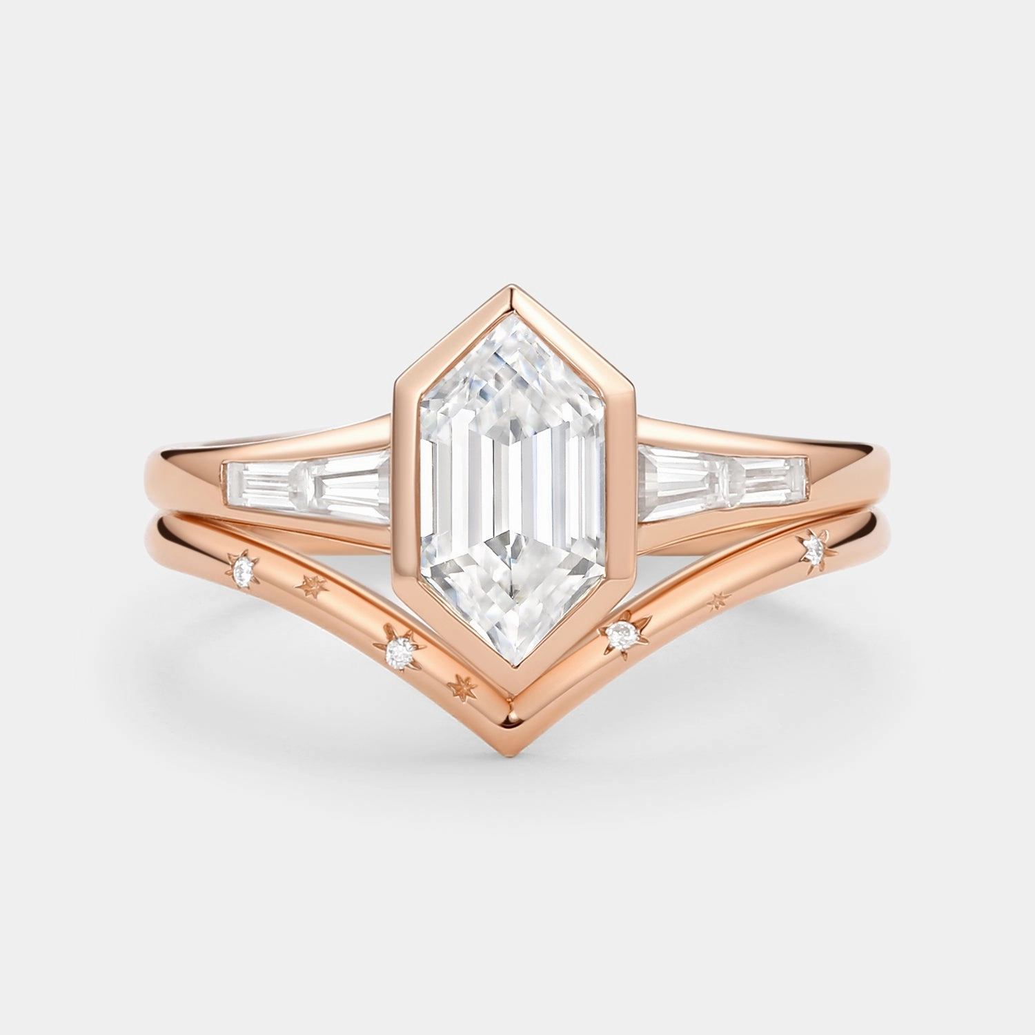 Long Hexagon Moissanite Minimalist Bridal Ring Set 2pcs Versatile Fit