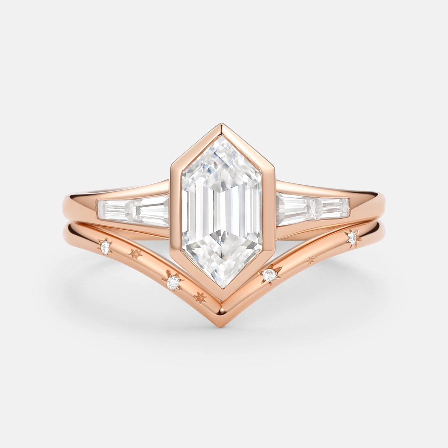 Long Hexagon Moissanite Minimalist Bridal Ring Set 2pcs Minimal Radiance Timeless Gems