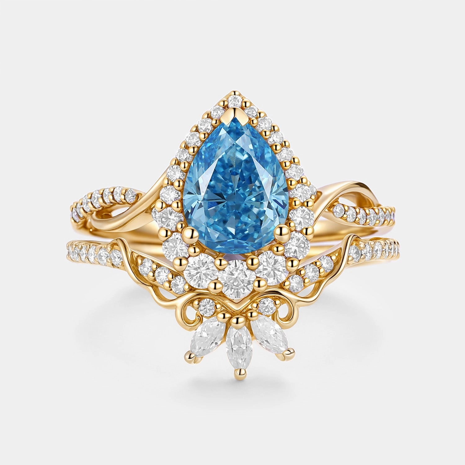 Glow Mode Soft Mood Pear Shaped Blue Lab Grown Diamond Engagement Ring Set 2pcs - Vynne