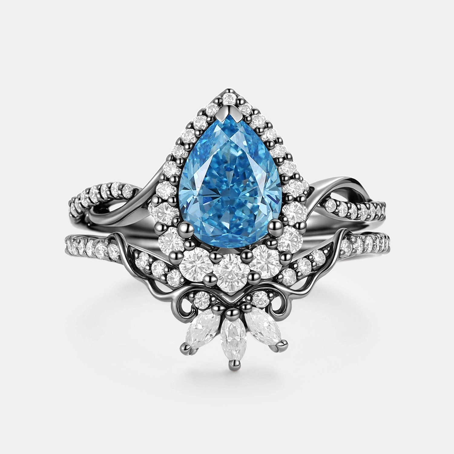 Romantic Event Pear Shaped Blue Lab Grown Diamond Engagement Ring Set 2pcs - Vynne