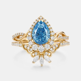 Glow Mode Soft Mood Pear Shaped Blue Lab Grown Diamond Engagement Ring Set 2pcs - Vynne