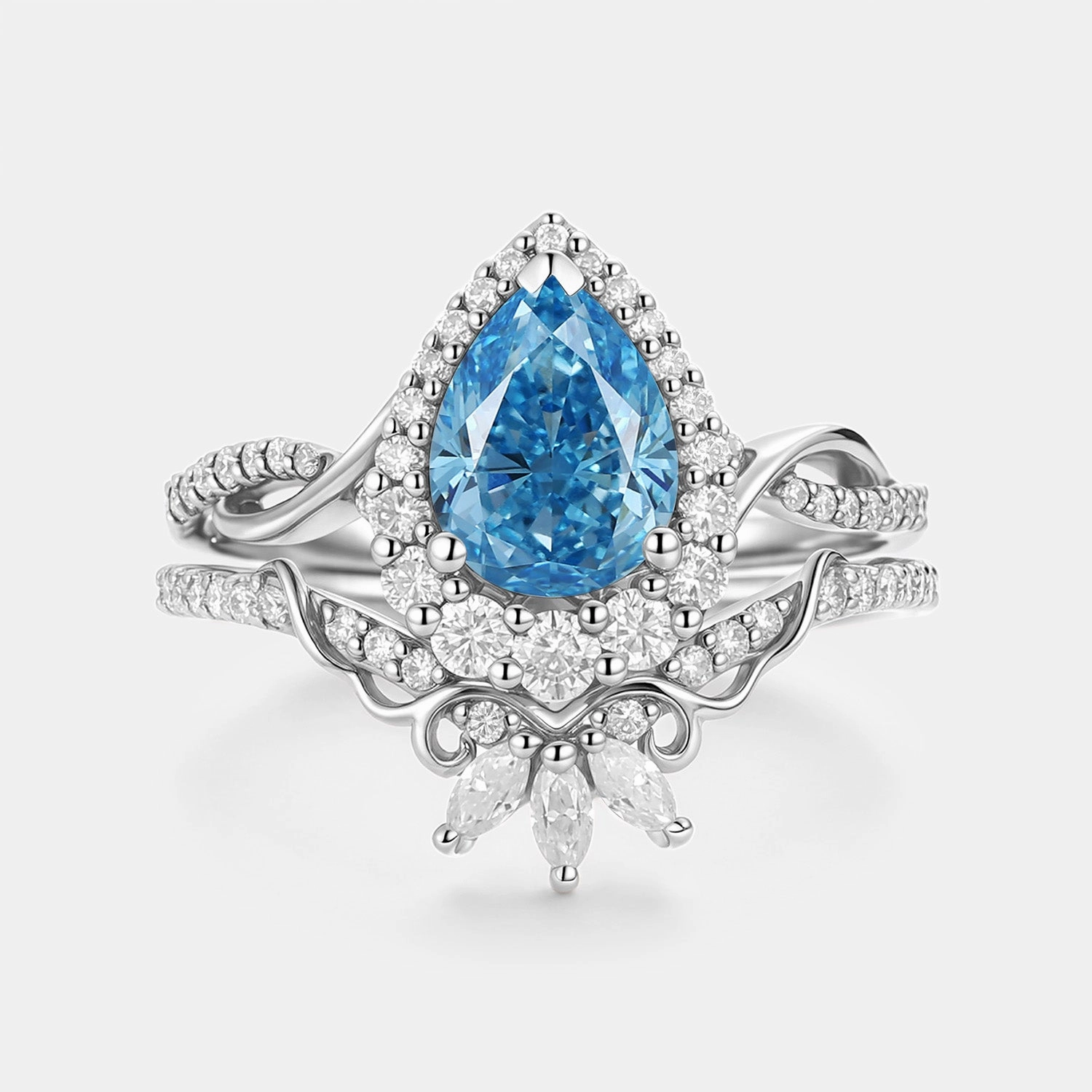 Pear Shaped Blue Lab Grown Diamond Engagement Ring Set 2pcs - Vynne Vintage feel