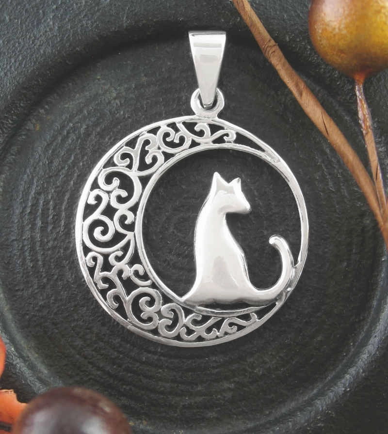 Cat Silhouetted Against a Fanciful Crescent Moon Pendant City Look Graceful Spirit