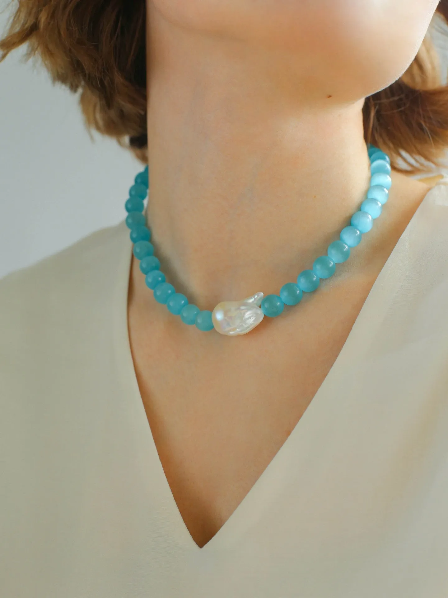 Cat's Eye Stone Baroque Pearl Collar Necklace-Blue