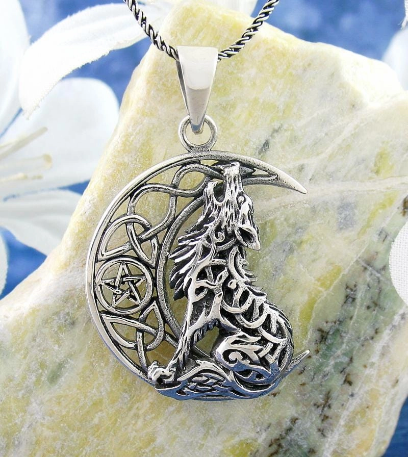 for work Celtic Wolf Howling at the Crescent Moon Pendant