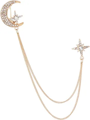Chain Moon and Star Rhinestone Tassel Brooch Suit Collar Brooch Fashion Lapel Pin Badge for Stage Performance Wedding Party, Gold