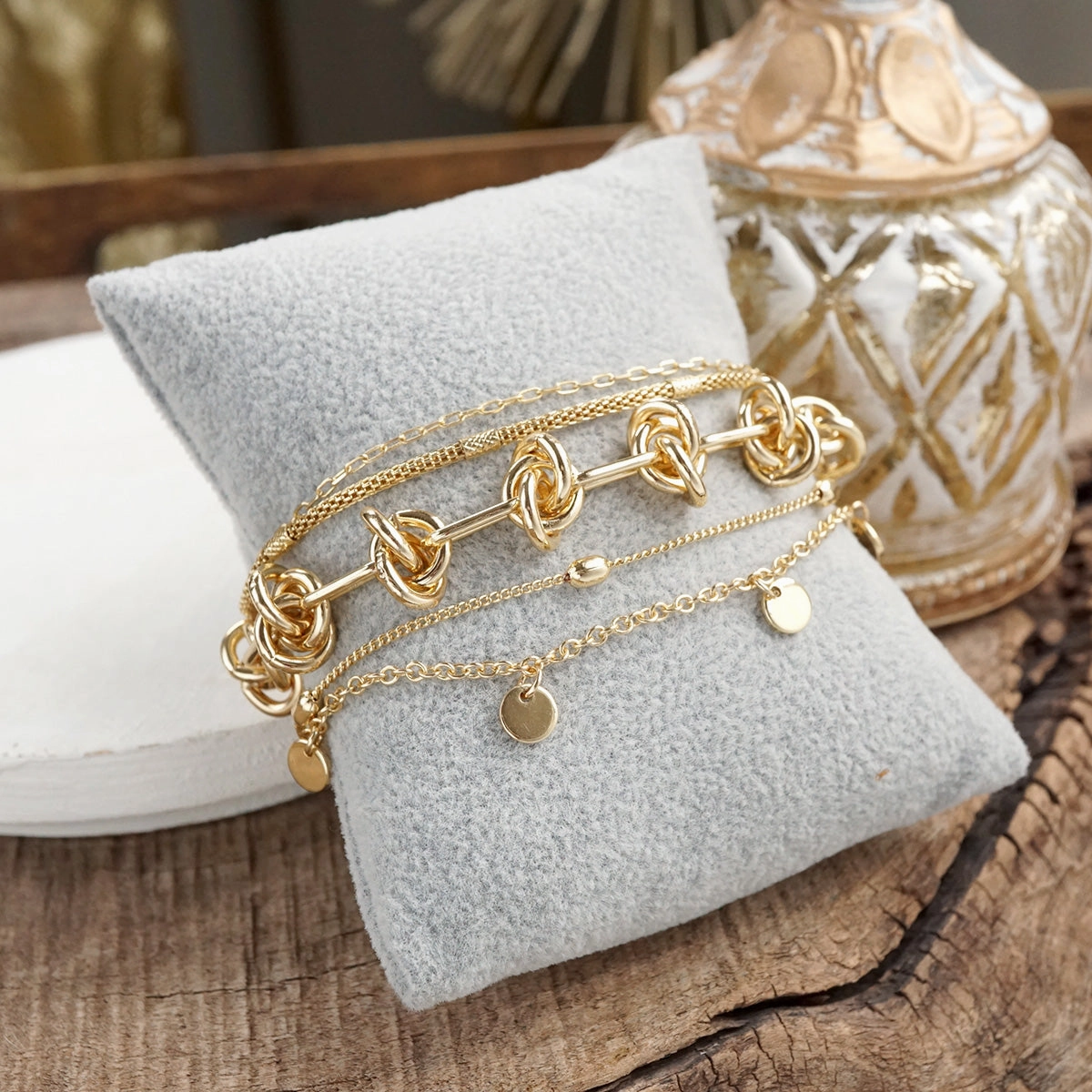 Chain Reaction ?C Multi-Layer Bracelet Stack in Gold Tone Incomparable Design Rosy Blends