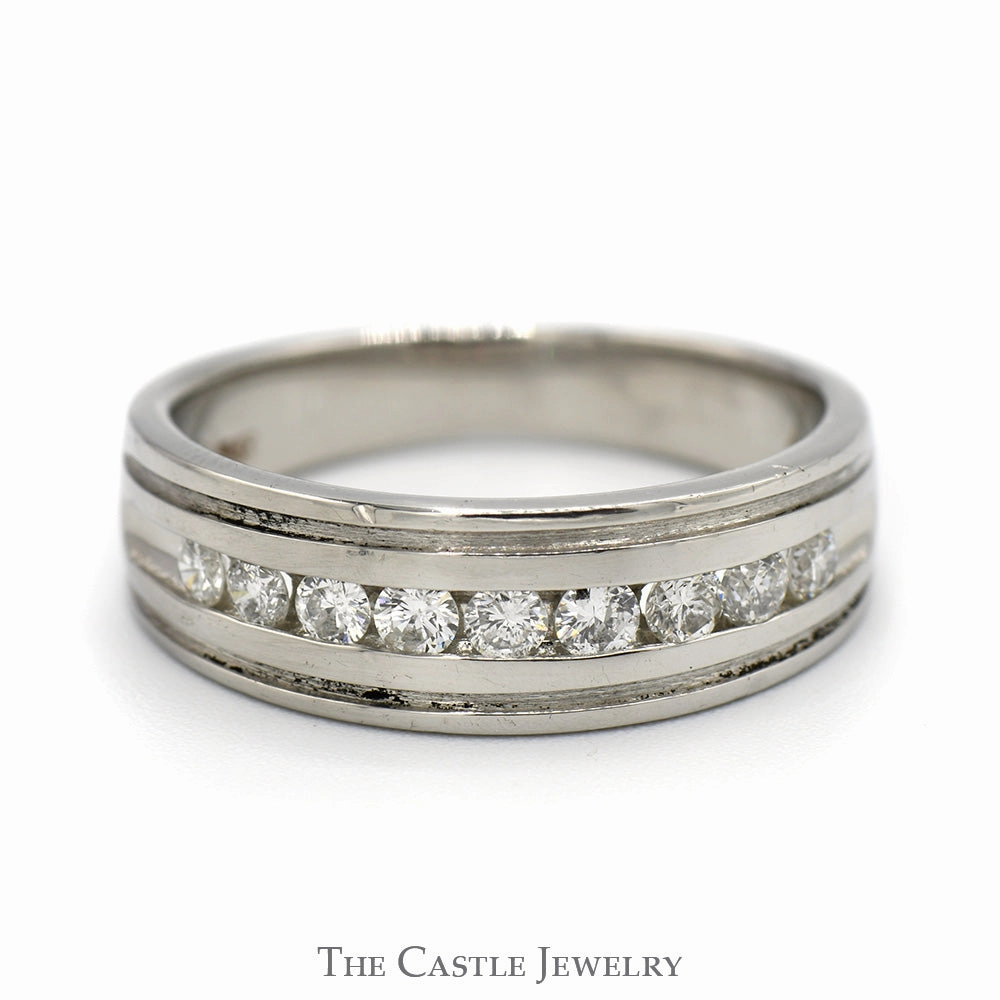 Channel Set Diamond Wedding Band with Grooved Detail in Platinum Ornate Piece