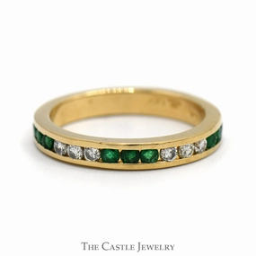Channel Set Emerald and Diamond Band in 14k Yellow Gold Warm Gift Complex pattern