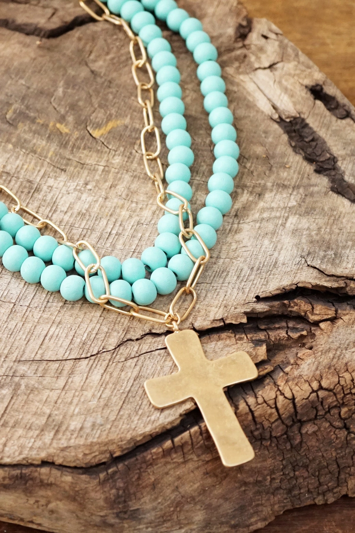 Multi Strand Wood Beads Short Statement Cross Necklace Turquoise Artistic Style