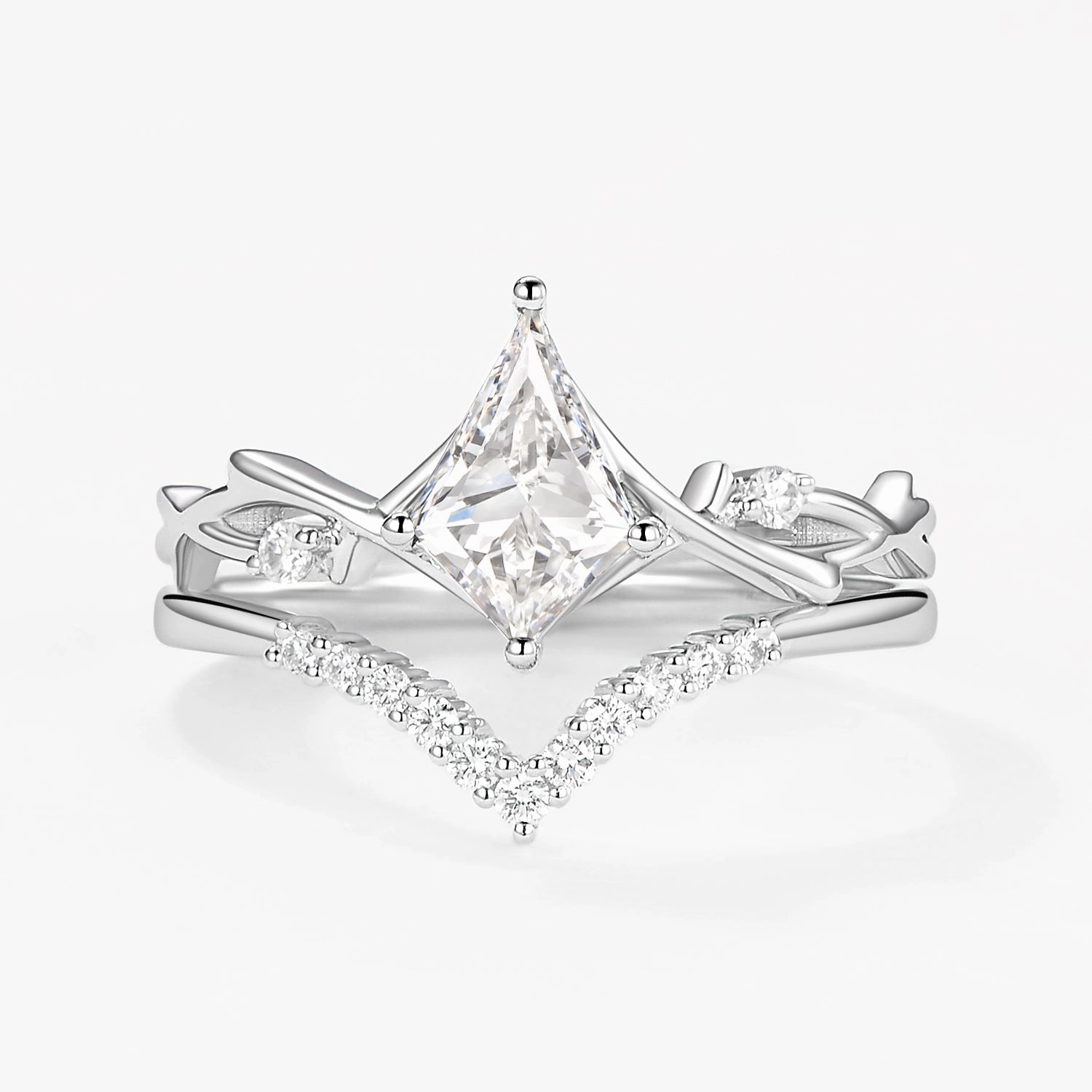 Branch Kite Cut Lab Grown Diamond Engagement Ring Set 2pcs - Crest Shining Look Graceful Beauty