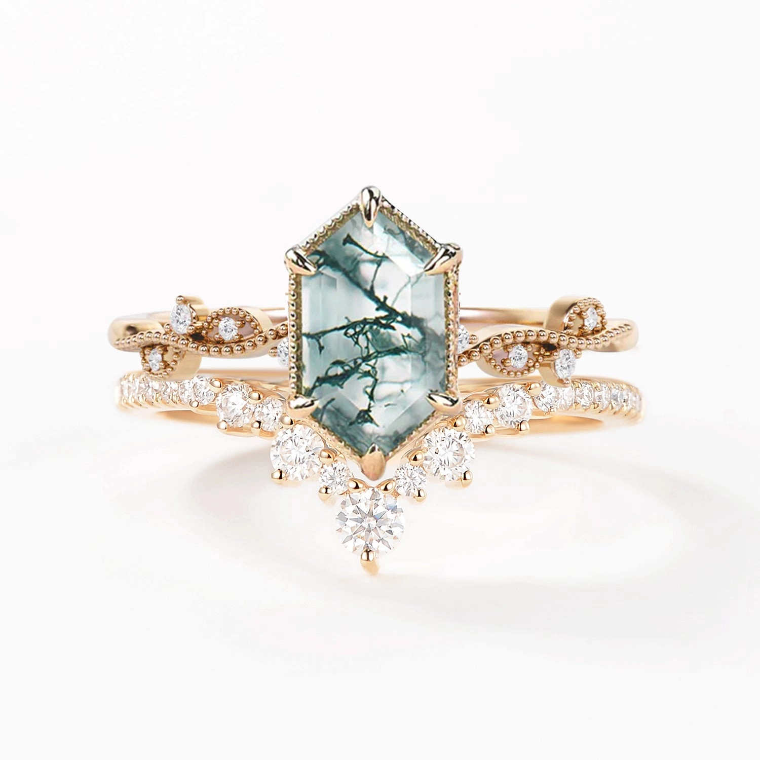 Long Hexagon Moss Agate Vintage Engagement Ring Set 2pcs Work Accent