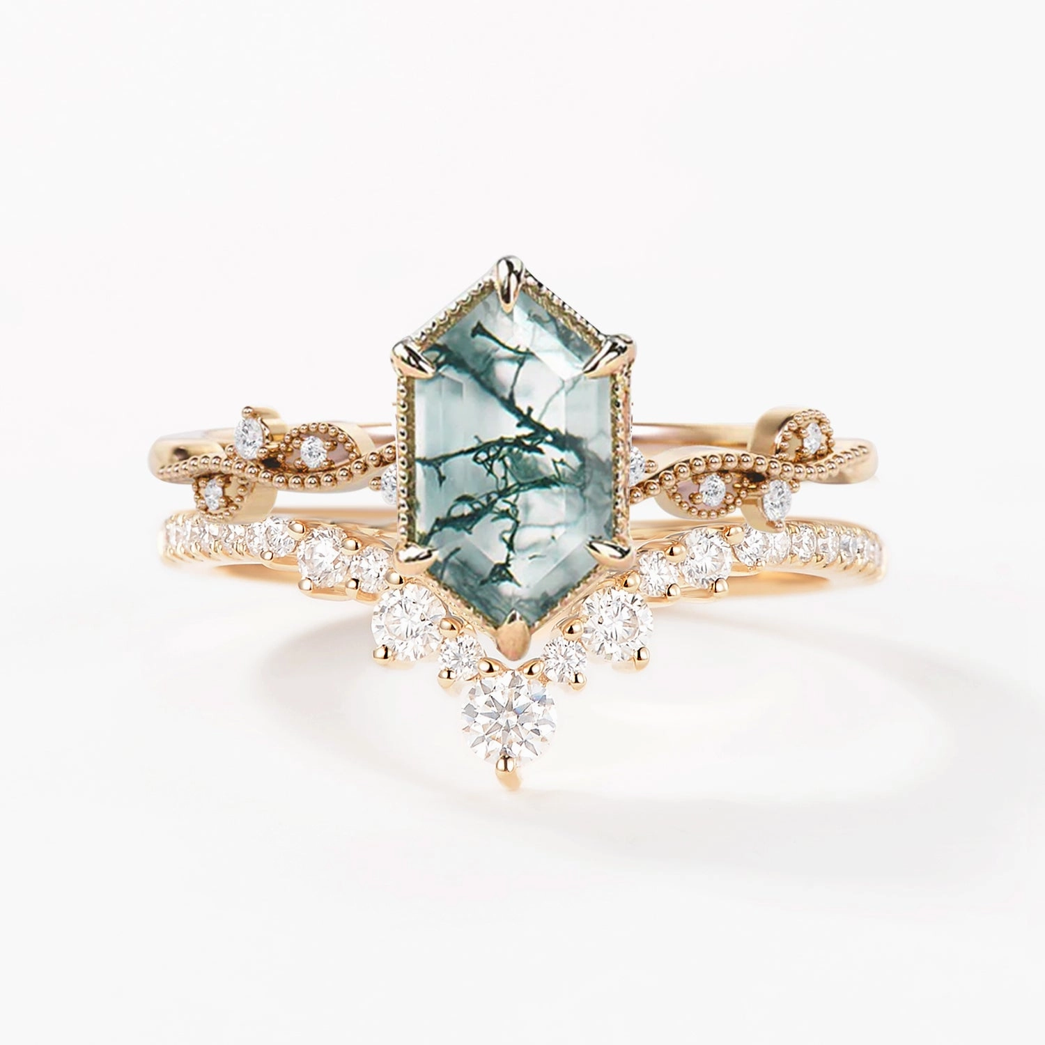 Long Hexagon Moss Agate Vintage Engagement Ring Set 2pcs Silken Touch Distinct Feature