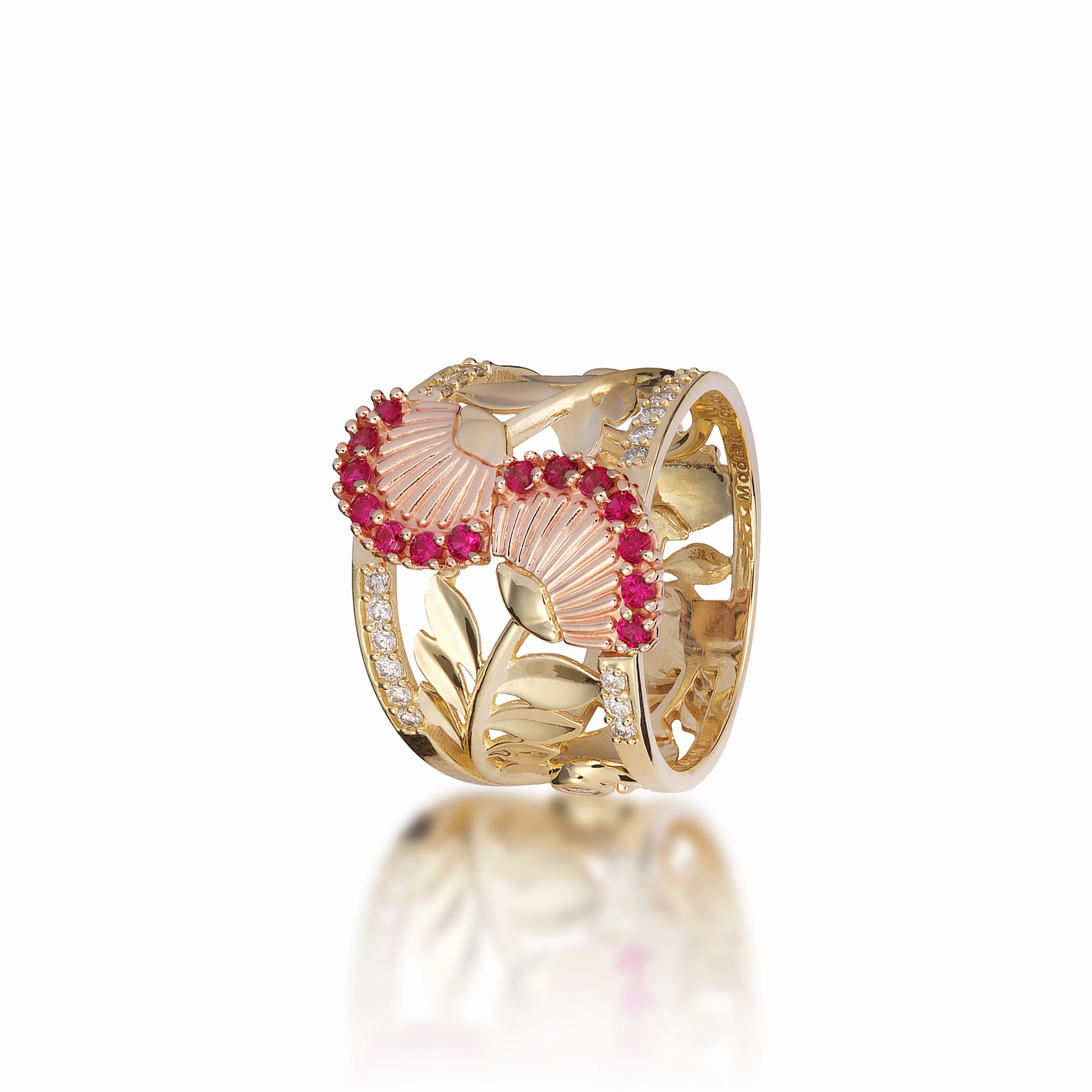 ???hi?a Lehua Ruby Ring in Two Tone Gold with Diamonds Elegant Highlight