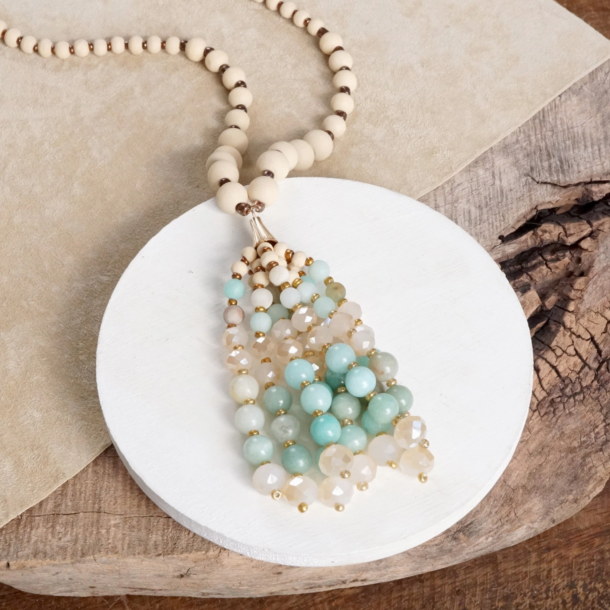 festival look Exclusive Design Boho Beaded Tassel Necklace with Amazonite or Labradorite ?C 30" Mala Style