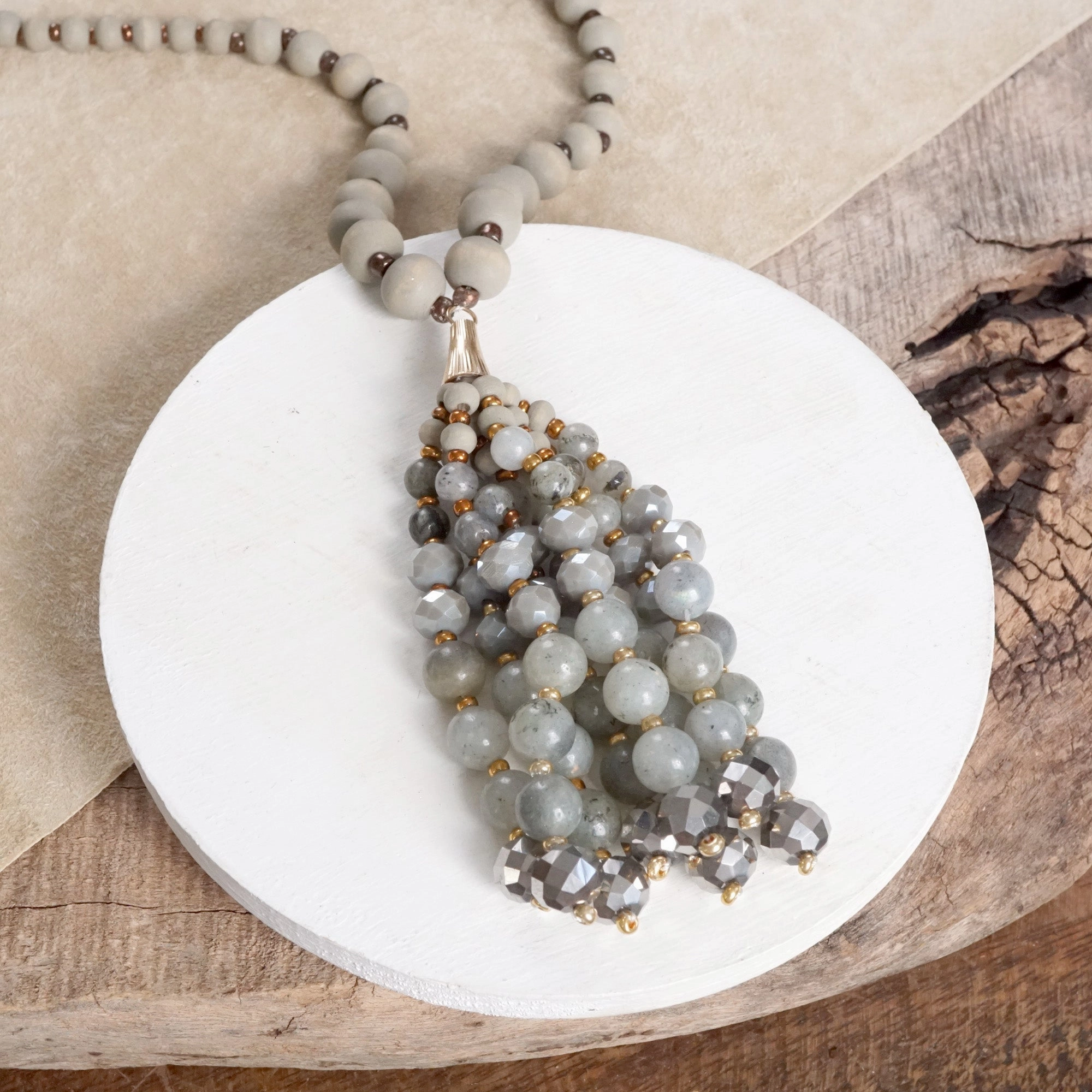 Boho Beaded Tassel Necklace with Amazonite or Labradorite ?C 30" Mala Style Dainty Item