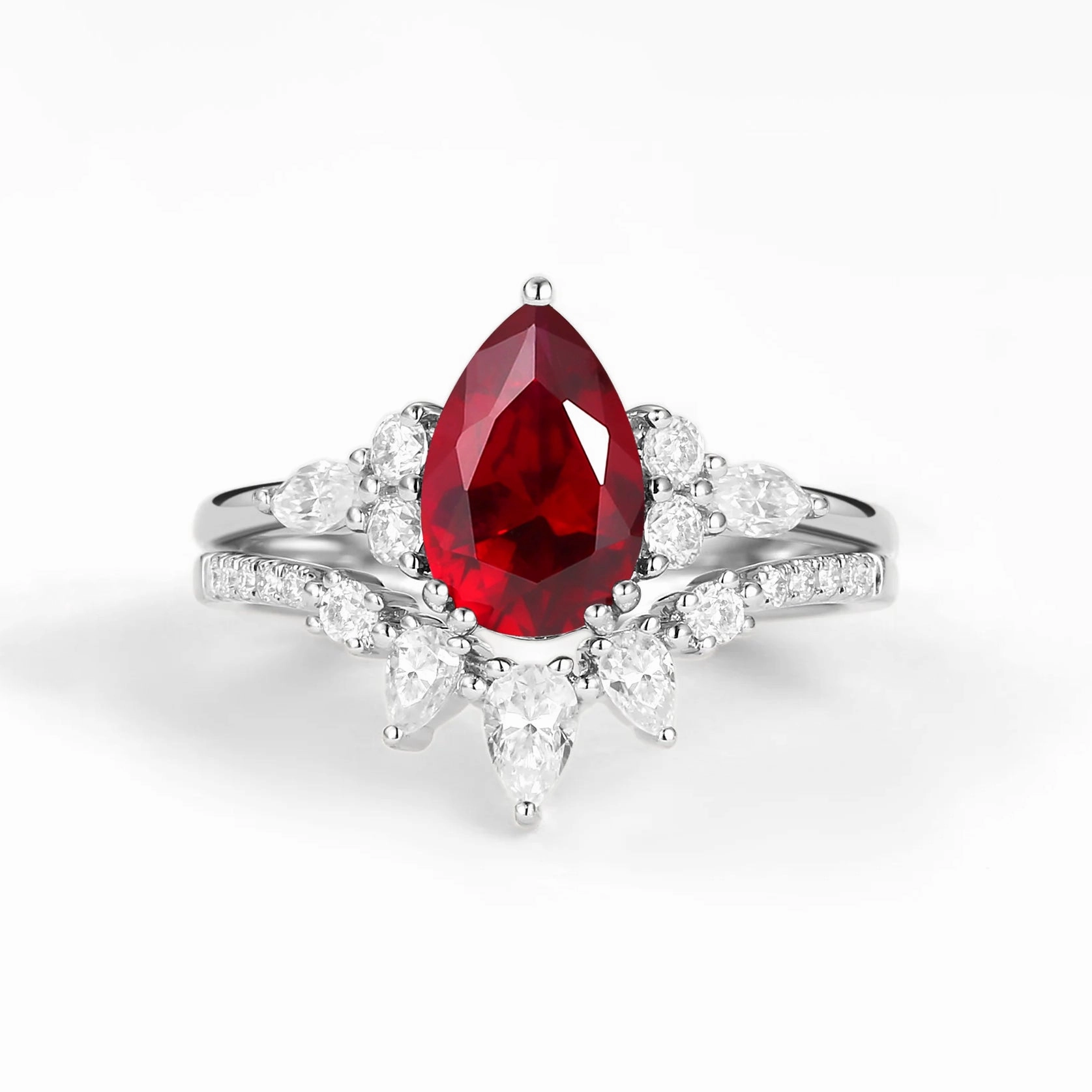 Pear Shaped Lab Ruby Engagement Ring Set 2pcs - Sage Vibrant Colors Brilliant Accent