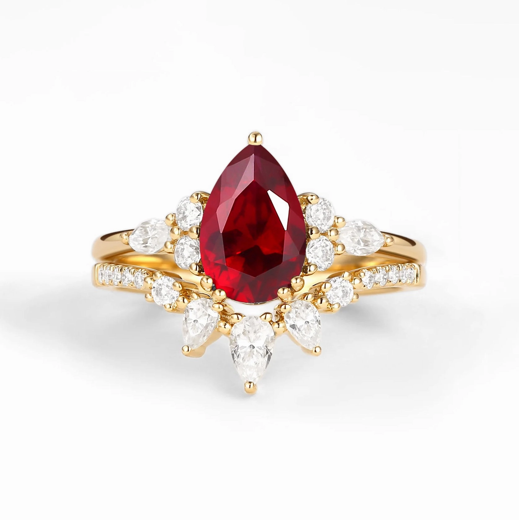 daily pick Day Accent Pear Shaped Lab Ruby Engagement Ring Set 2pcs - Sage