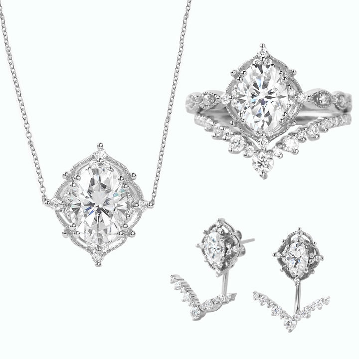 Timeless Craftwork Signature Vintage Moissanite Ring Set & Earring & Necklace 5PCS - Charlotte Sets