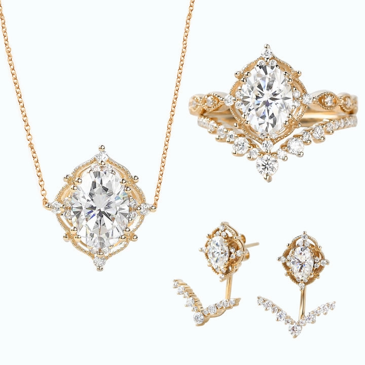 Signature Vintage Moissanite Ring Set & Earring & Necklace 5PCS - Charlotte Sets Luminous Edge Fashion Classic