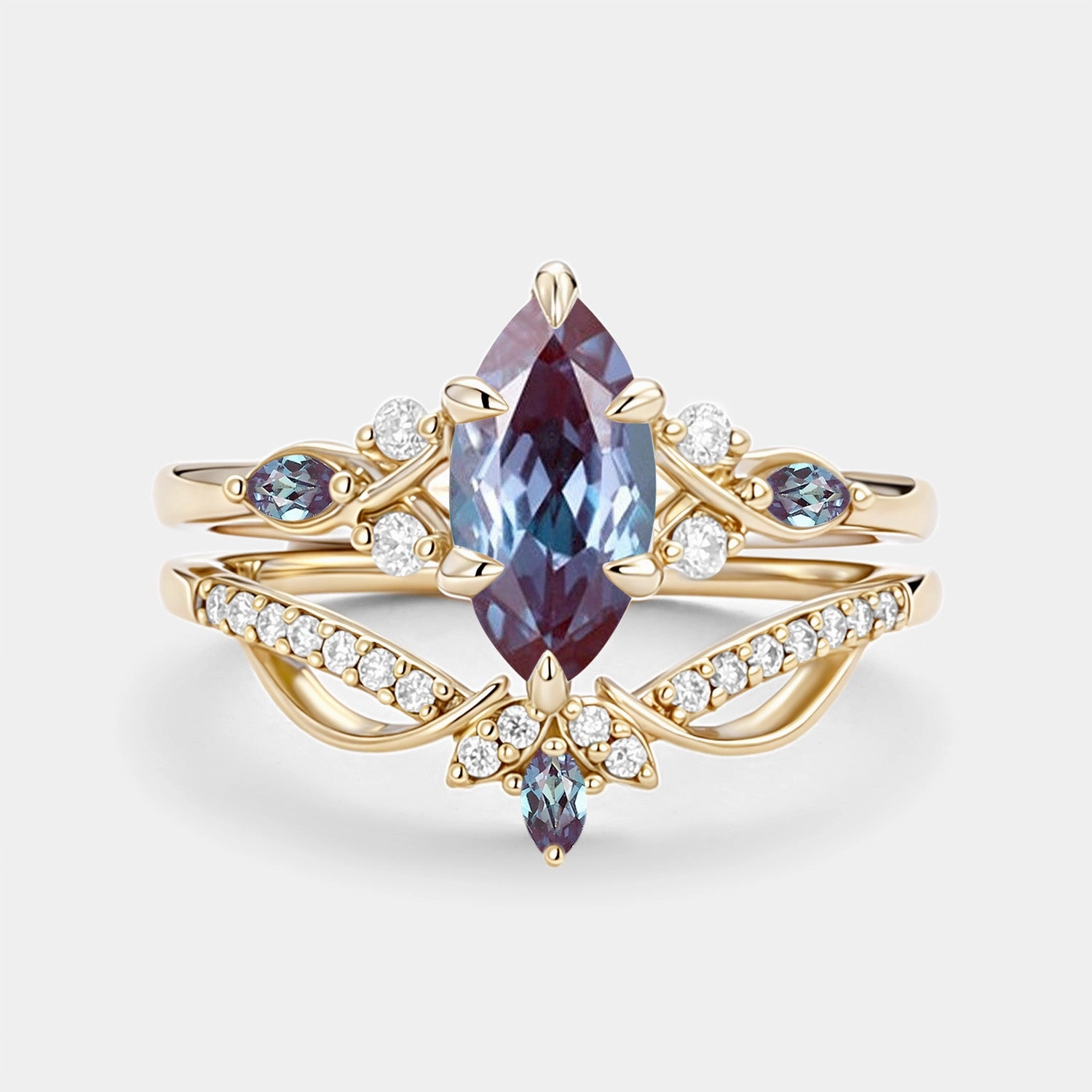 Marquise Cut Lab Alexandrite & Moissanite Engagement Ring Sets 2pcs Signature Look Vibrant Appeal