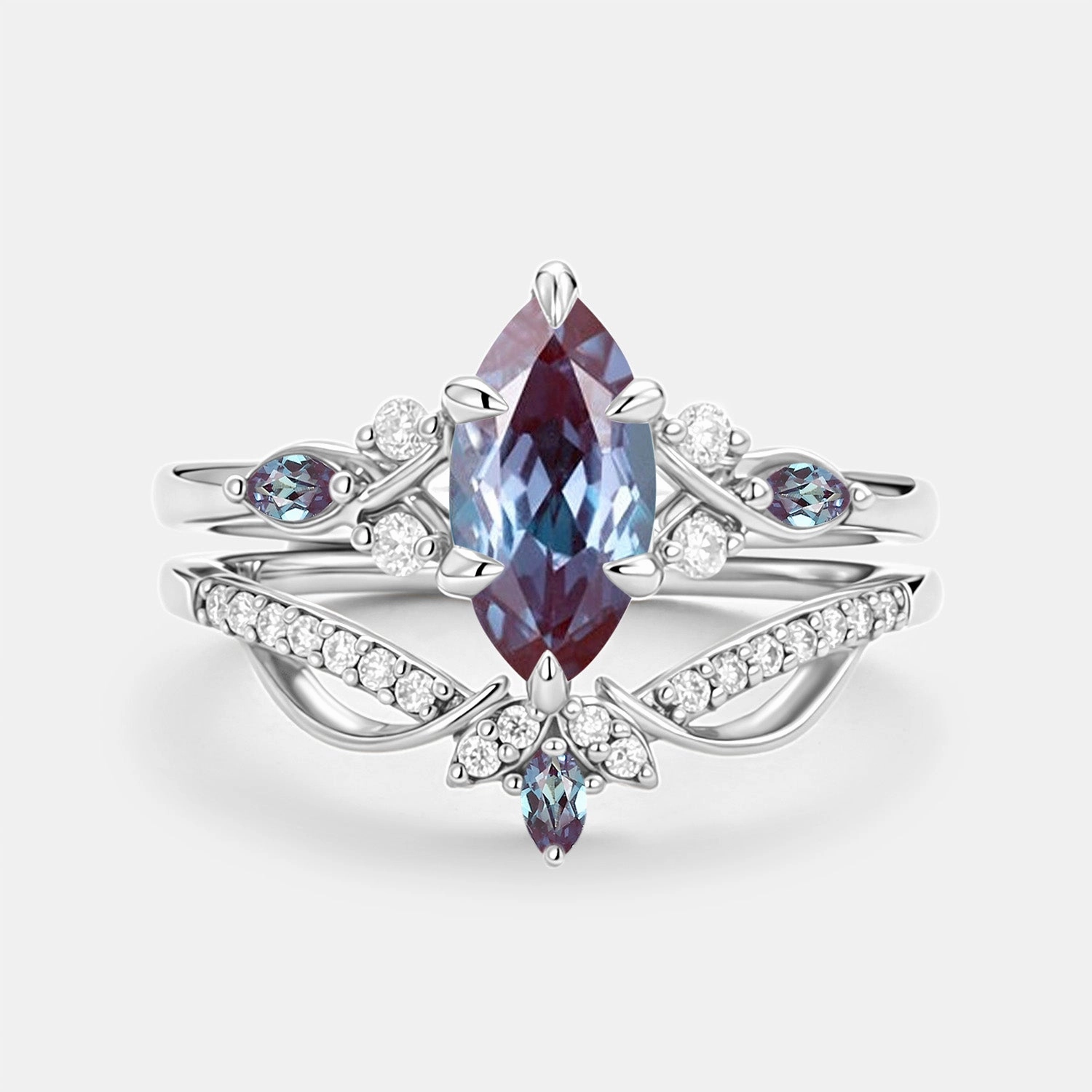 Marquise Cut Lab Alexandrite & Moissanite Engagement Ring Sets 2pcs Accent Focus