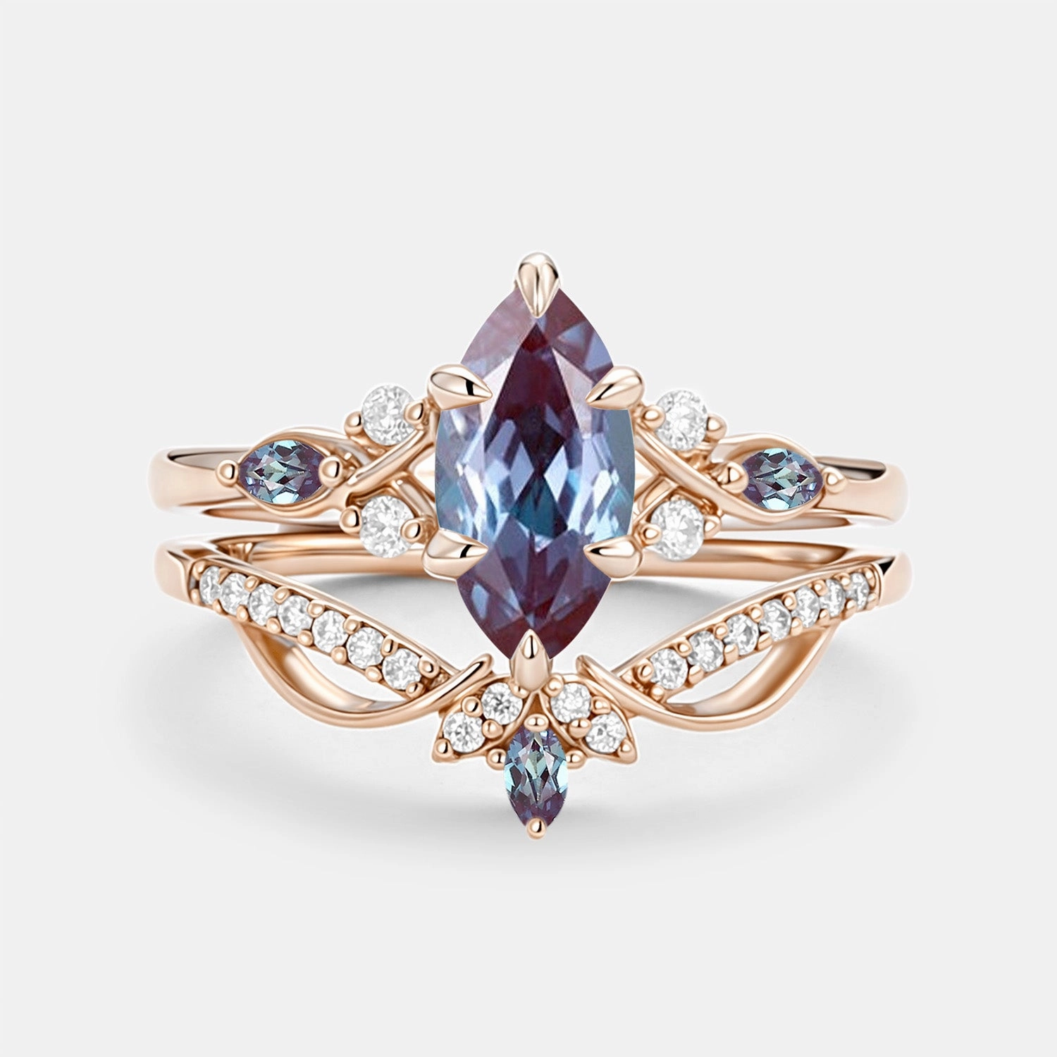 Exquisite Look Artful Edge Marquise Cut Lab Alexandrite & Moissanite Engagement Ring Sets 2pcs