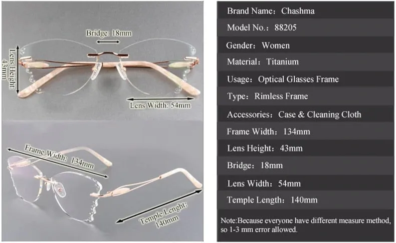 Chashma Ochki Women's Rimless ButterflyTitanium Eyeglasses Clear Lenses 88205