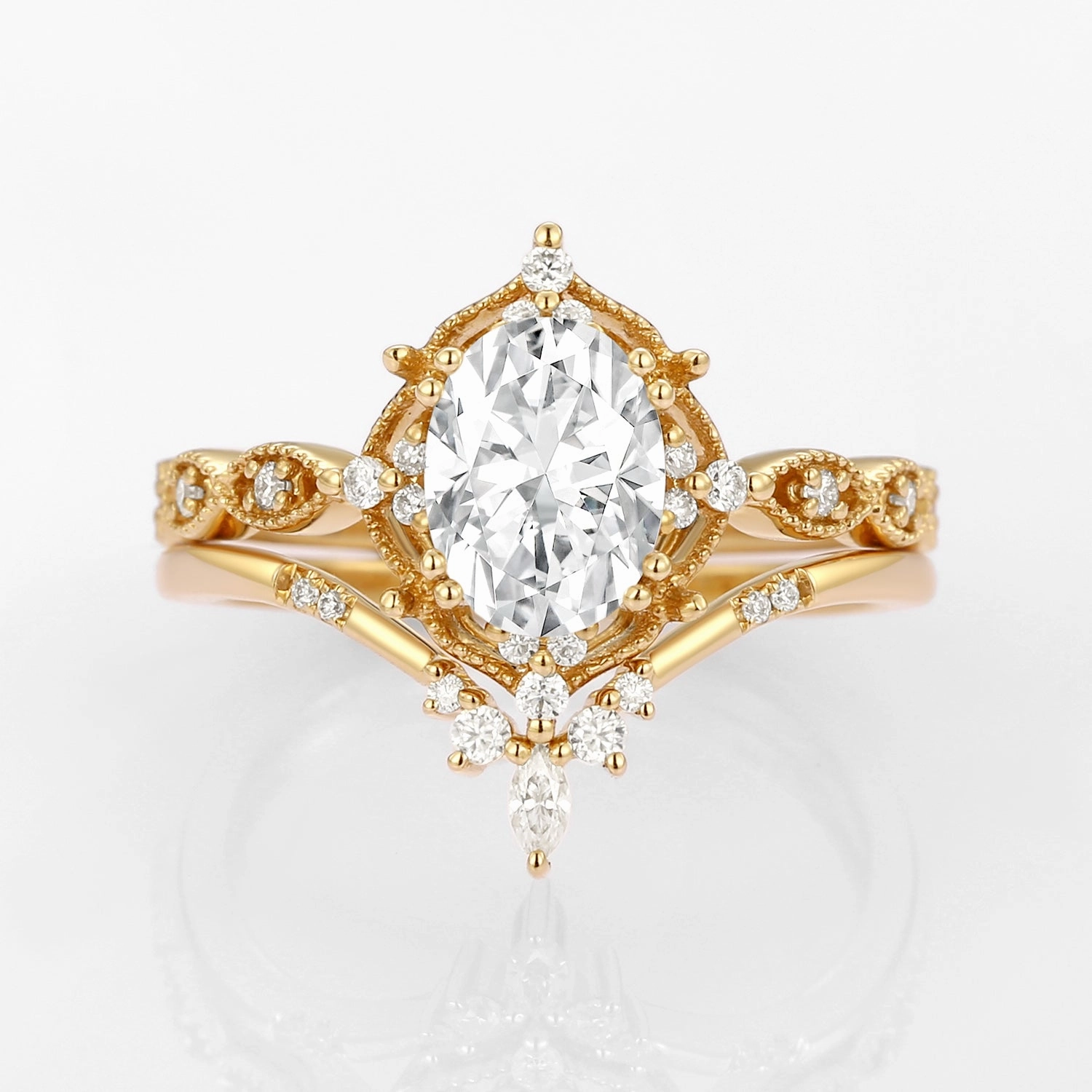 Luxury Flow Oval Moss Agate Vintage Inspired Engagement Ring Set 2pcs