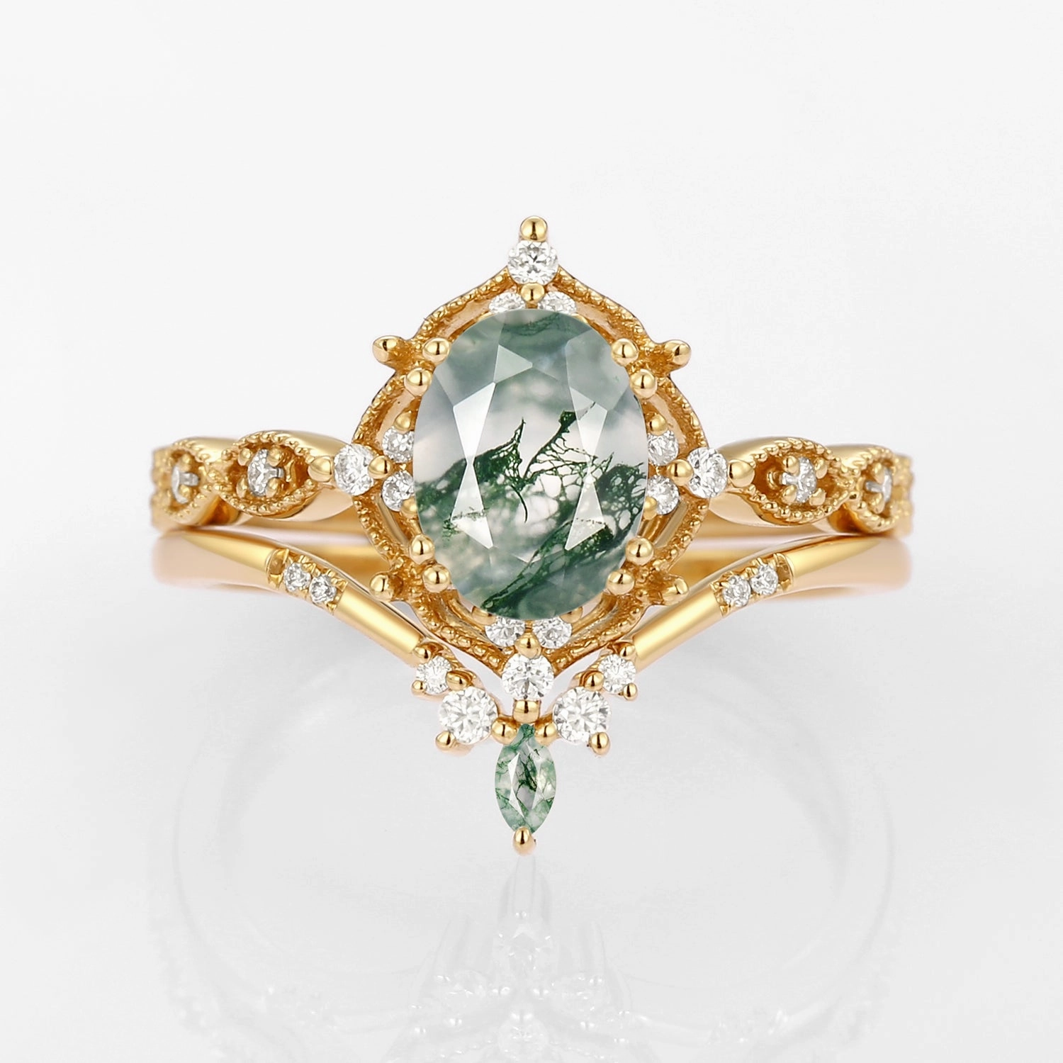Oval Moss Agate Vintage Inspired Engagement Ring Set 2pcs Handmade Shine