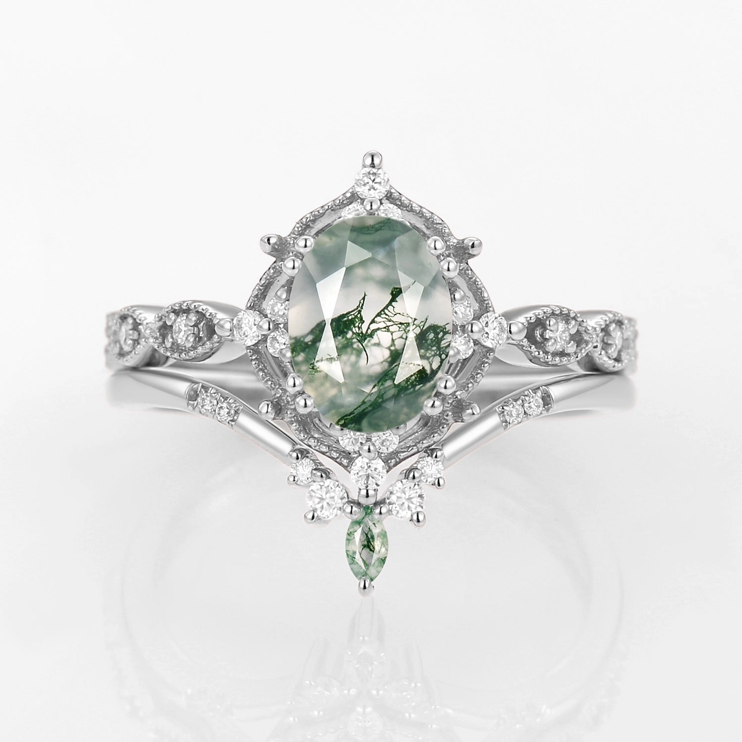 Fashion Trend Timeless Accessory Oval Moss Agate Vintage Inspired Engagement Ring Set 2pcs