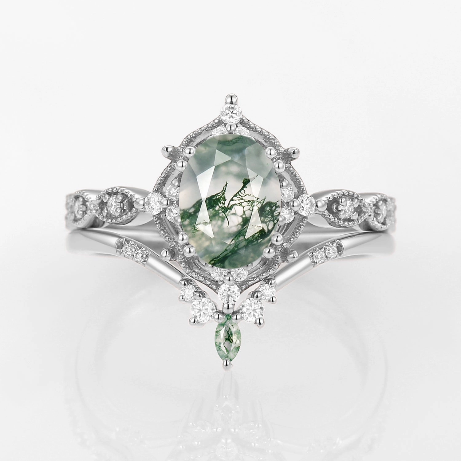 Chic Duo Fresh Style Oval Moss Agate Vintage Inspired Engagement Ring Set 2pcs