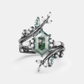 Black Gold Moss Agate Cage Elongated Hexagon Engagement Ring Set 2pcs - Mossera Party Vibe Impeccable Form