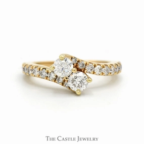 Double Diamond Bypass Engagement Ring with Diamond Accented Sides in 14k Yellow Gold Dynamic Style