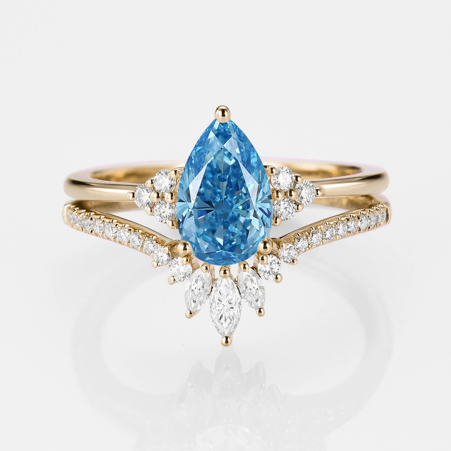 1.0ct Pear Blue Lab Grown Diamond Vintage Ring Set 2pcs - Lydia Modern Glow