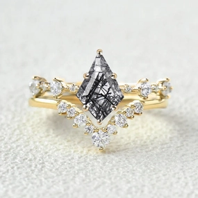 Cluster Black Rutilated Quartz Engagement Ring Sets 2pcs Stylish Edge High Shine