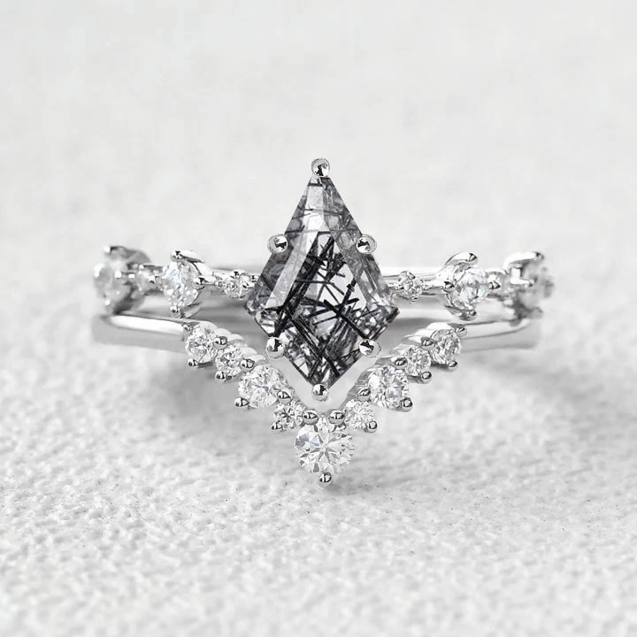 Cluster Black Rutilated Quartz Engagement Ring Sets 2pcs Fashion Fit Lightweight Accent